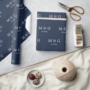 Anpassad Monogram Datum Mönster Modern Marinblå Presentpapper