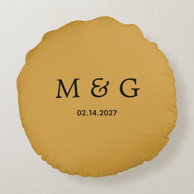 Anpassad Monogram Datum Mustargul Rund Kudde (Baksidan)