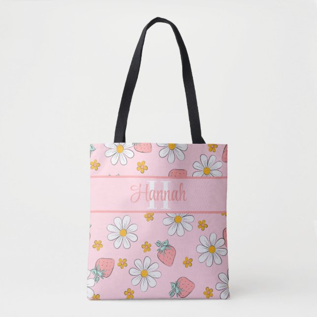 Anpassad monogram Elegant jordgubbs-daisy rosa Tygkasse (Framsida)