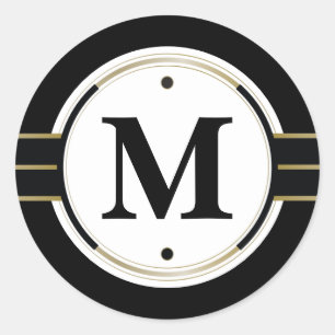 Anpassad monogram Elegant svart och guld Deco Runt Klistermärke
