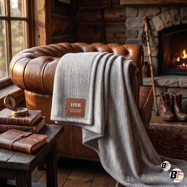 Anpassad monogram falskt läderplåster Herringbone Fleecefilt (#HomeDecor)