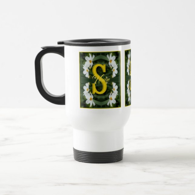 Anpassad monogram initial bokstav namn Vit Prästkr Resemugg (Vänster)