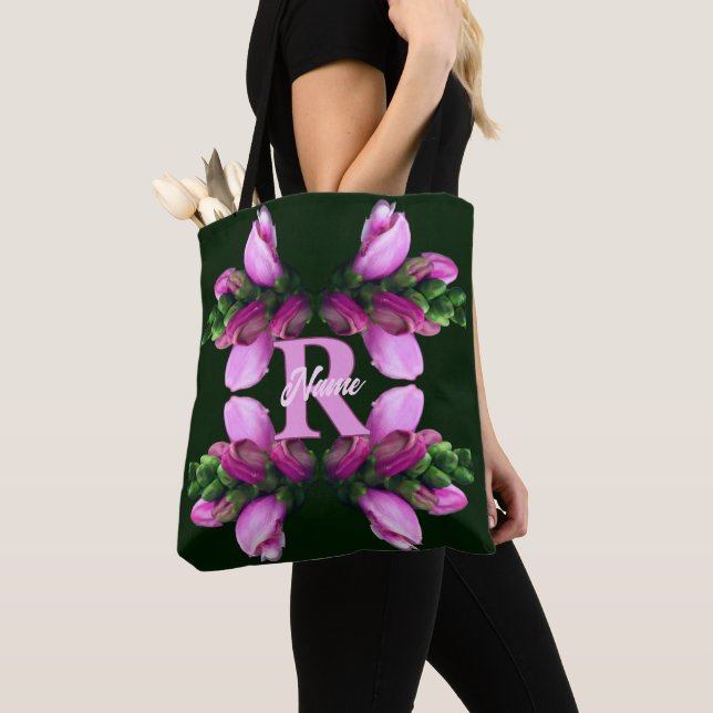 Anpassad monogram initial namn rosa blomma konst tygkasse (Närbild)