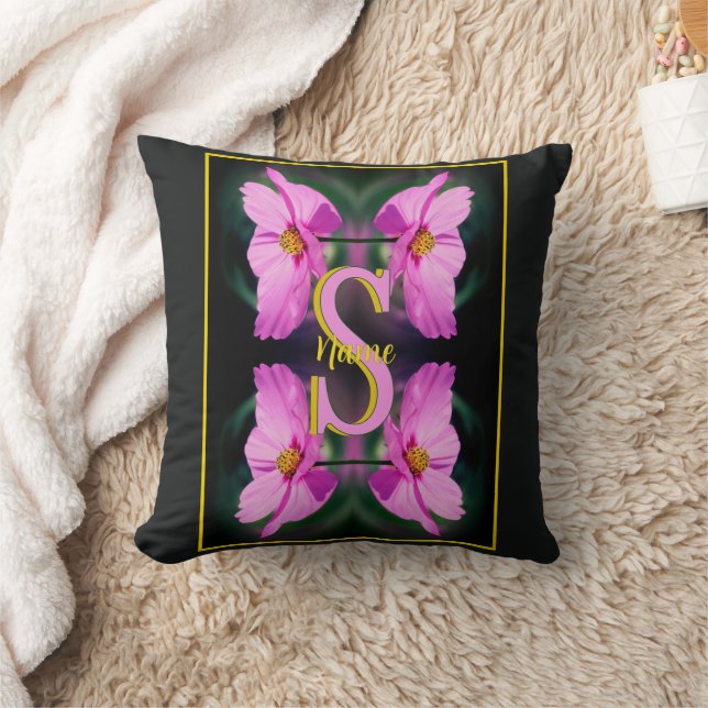 Anpassad monogram initial namn Rosa Kosmos Kudde (Filt)
