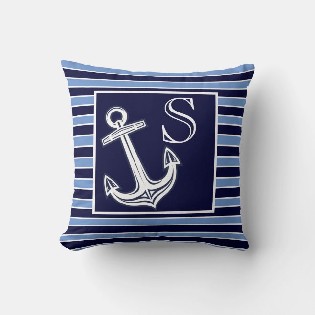Anpassad monogram marin ankare marinblå ränder kudde (Framsida)