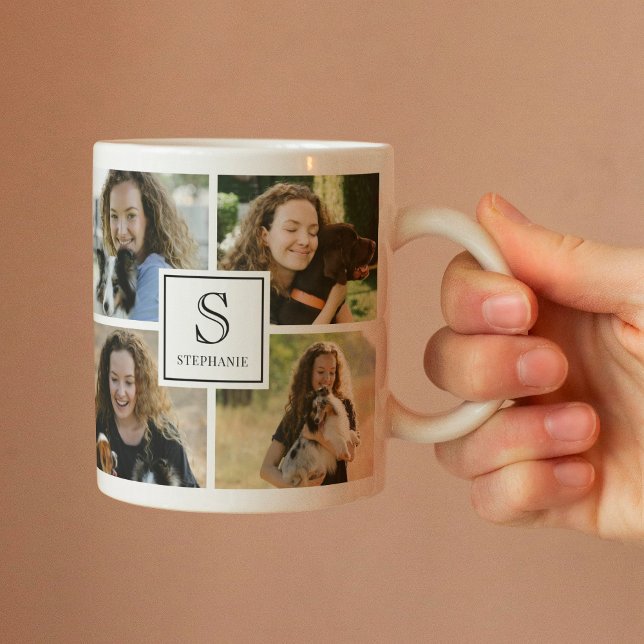 Anpassad monogram & namn 4 Foto Collage Grid  Kaffemugg (Skapare uppladdad)