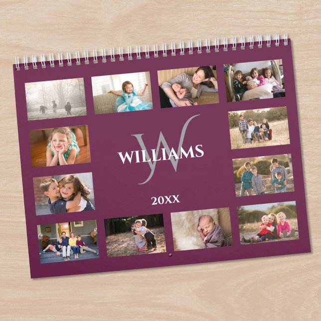 Anpassad Monogram Namn Magenta Lila Foto Kalender (Custom Monogram Name Magenta Purple Photo Calendar in situ)