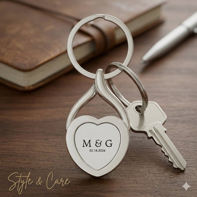 Anpassad monogram och datum Personligt hjärta Twisted Heart Silverfärgad Nyckelring (Custom Monogram and Date Personalized Heart Keychain)