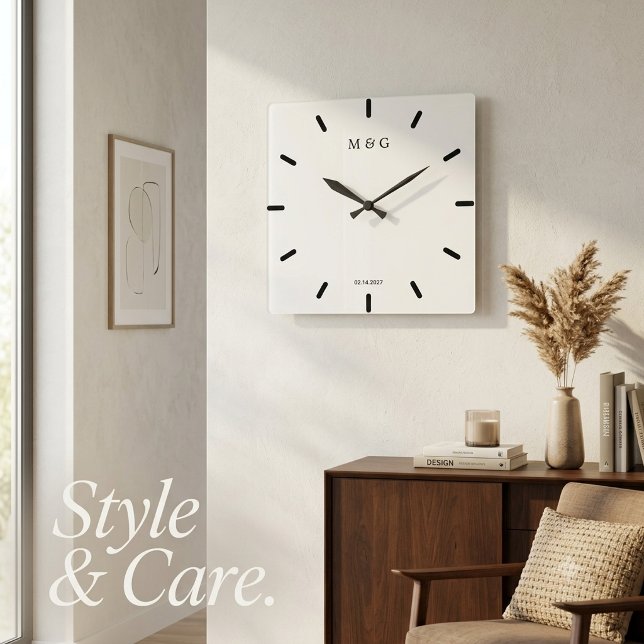 Anpassad Monogram och Datum Symbol för Kärlek Fyrkantig Klocka (Custom Monogram and Date Symbol of Love Square Wall Clock)