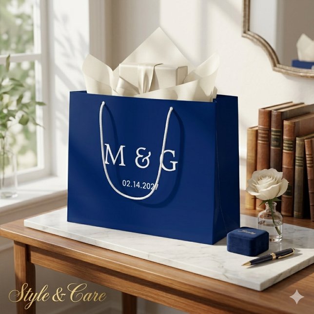Anpassad monogram och datum symbol för kärlek mari (Custom Monogram and Date Symbol of Love Navy Large Gift Bag)