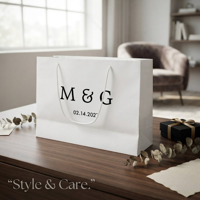 Anpassad monogram och datum symbol för kärlek Vit (Custom Monogram and Date Symbol of Love White Large Gift Bag)