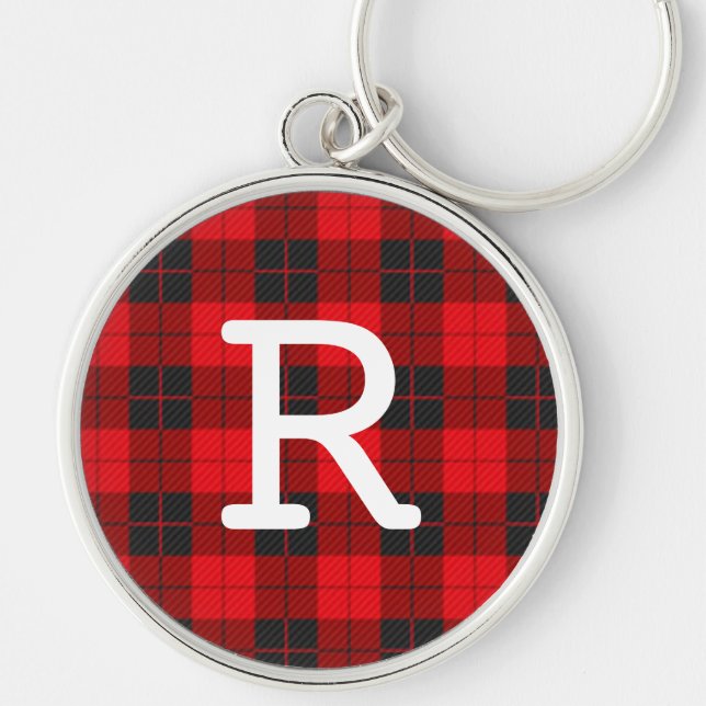 Anpassad monogram röd Buffalo-rutig flanell  Rund Silverfärgad Nyckelring (Framsidan)