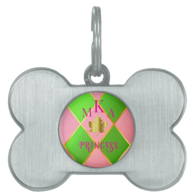 Anpassad monogram rosa och grön Argyle ID-bricka Husdjur (Framsidan)