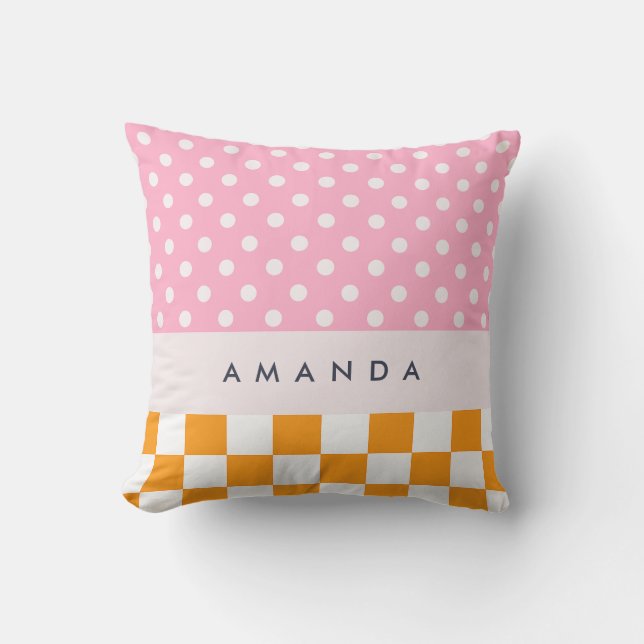 Anpassad monogram rosa orange prickig randig kastf kudde (Framsida)