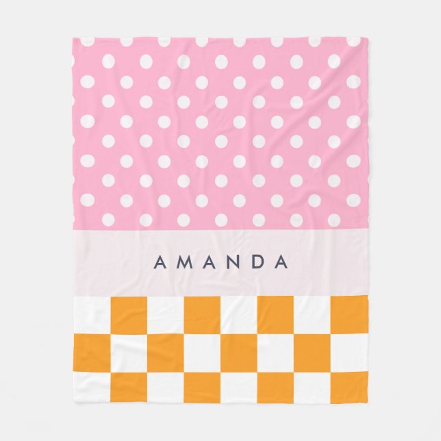 Anpassad monogram rosa orange prickig rutig fleecefilt (Framsidan)
