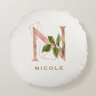 Anpassad Monogram Roséguld Blommig Initial N Rund Kudde