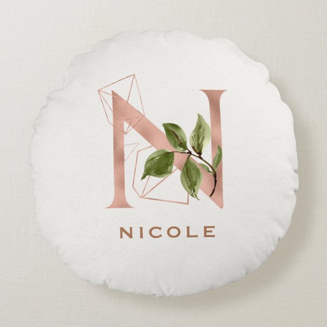 Anpassad Monogram Roséguld Blommig Initial N Rund Kudde (Framsidan)