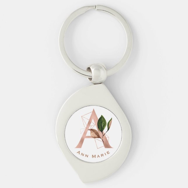 Anpassad monogram roséguld blommig initial swirl silverfärgad nyckelring (Framsidan)