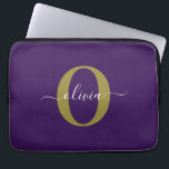Anpassad Monogram Skript Namn Lila Vit Guld Laptop Fodral<br><div class="desc">Denna eleganta monogram och stiliga namn-design kan ges som en present för en födelsedag, bröllop, bröllopsdusch, årsdag, mors dag eller någon annan tillställning. Den kan anpassas med personens initial och namn. Du kan ändra teckensnitt, teckensnittsfärg, teckensnittsstorlek och bakgrundsfärg med hjälp av Designverktyget. Teckensnittsstorleken måste minskas för initialerna J och Q....</div>