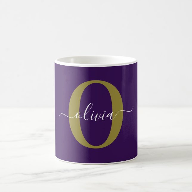 Anpassad Monogram-skript Namn Lila White Guld Kaffemugg (Center)