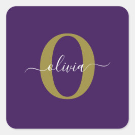 Anpassad Monogram Skriptnamn Lila Vit Guld Fyrkantigt Klistermärke