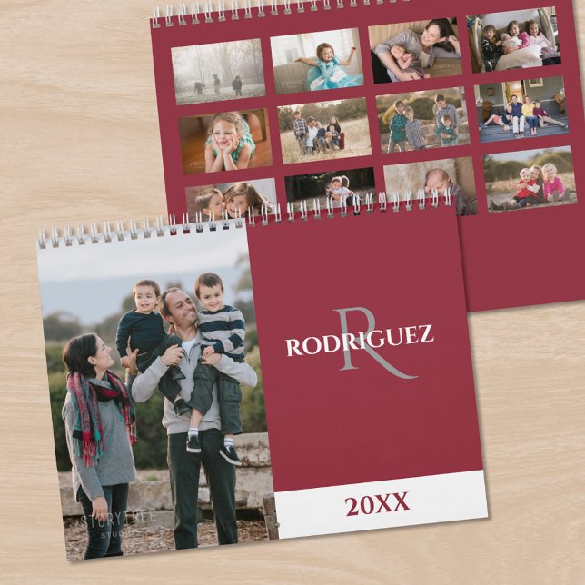 Anpassad monogram spansk burgunder Foto Kalender (Custom Monogram Spanish Burgundy Photo Calendar, front/back)