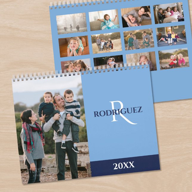 Anpassad monogram spansk ljusblå foto kalender (Custom Monogram Spanish Light Blue Photo Calendar, front/back)