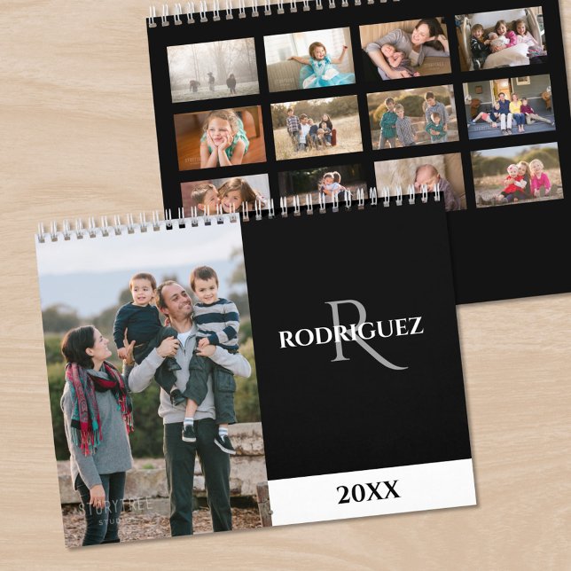 Anpassad monogram spansk svart foto kalender (Custom Monogram Spanish Black Photo Calendar, front/back)