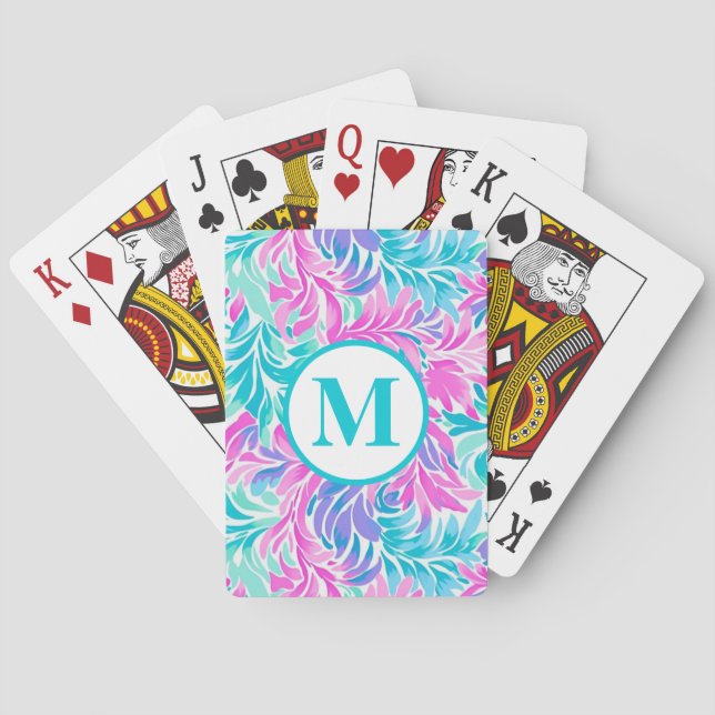 Anpassad monogram teal rosa blommig  casinokort (Baksidan)