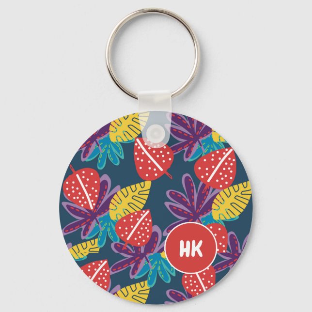Anpassad monogram tropisk blomster hawaii exotisk nyckelring (Framsida)