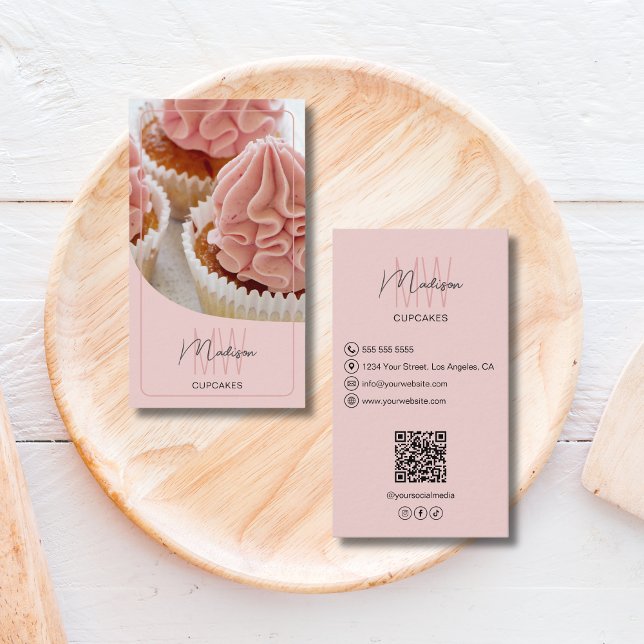 Anpassad monogramlogotyp Bageri QR Rosa Visitkort (Custom Monogram Logo Bakery QR Pink Business Card)