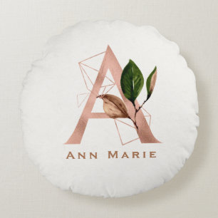 Anpassad Monogrammerad Roséguld Blommig Initial Rund Kudde