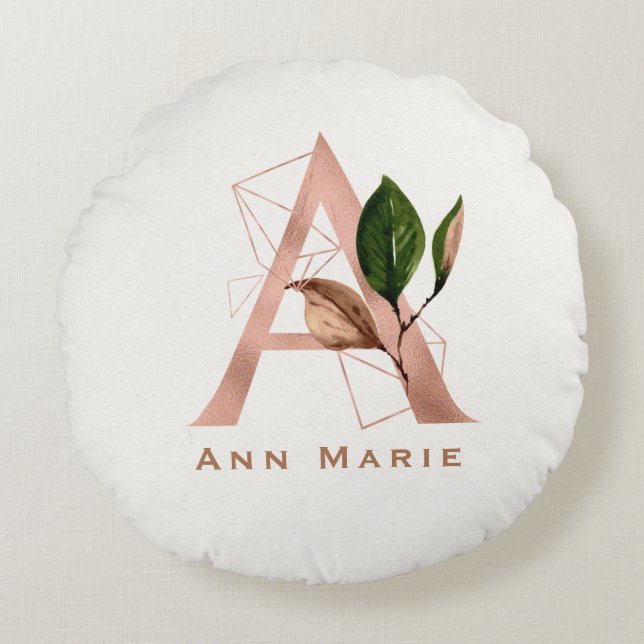 Anpassad Monogrammerad Roséguld Blommig Initial Rund Kudde (Framsidan)