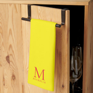 Anpassad monogramnamn elegant ljusgul & röd kökshandduk