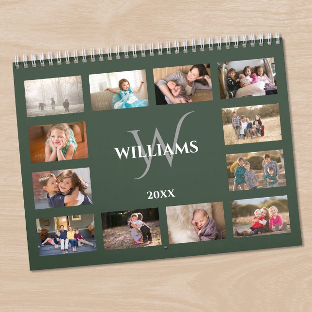 Anpassad monogramnamn Grön Foto Kalender (Custom Monogram Name Green Photo Calendar in situ)