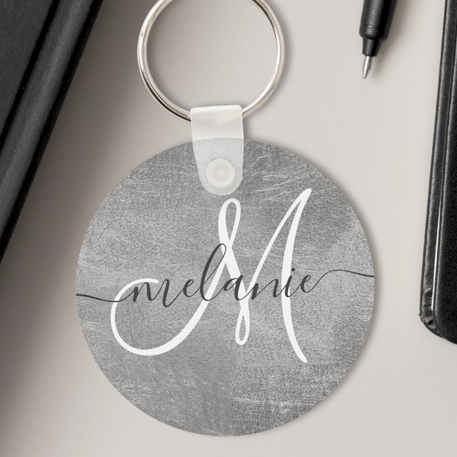 Anpassad monogramnamn handstil silverfolie nyckelring (Skapare uppladdad)