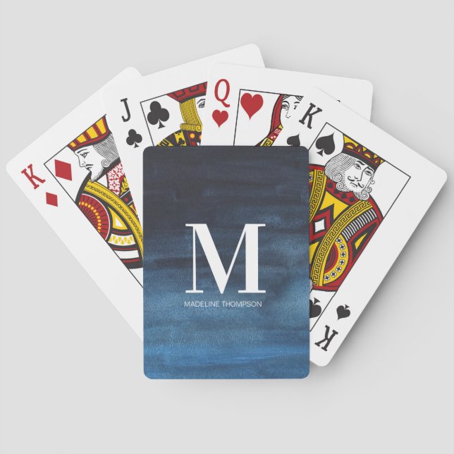 Anpassad monogramnamn initial marinblå ombre'  casinokort (Baksidan)