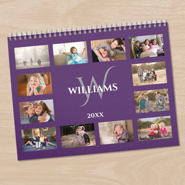 Anpassad monogramnamn lila foto kalender (Custom Monogram Name Purple Photo Calendar in situ)