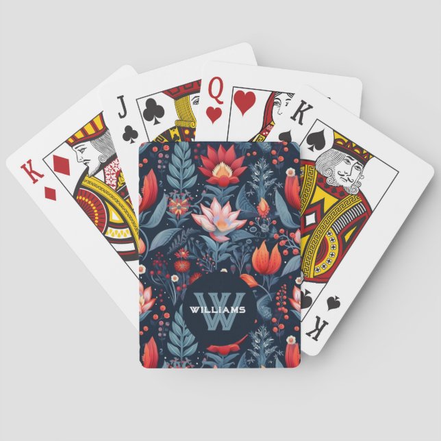 Anpassad monogramnamn Mörkt blommönster  Casinokort (Baksidan)