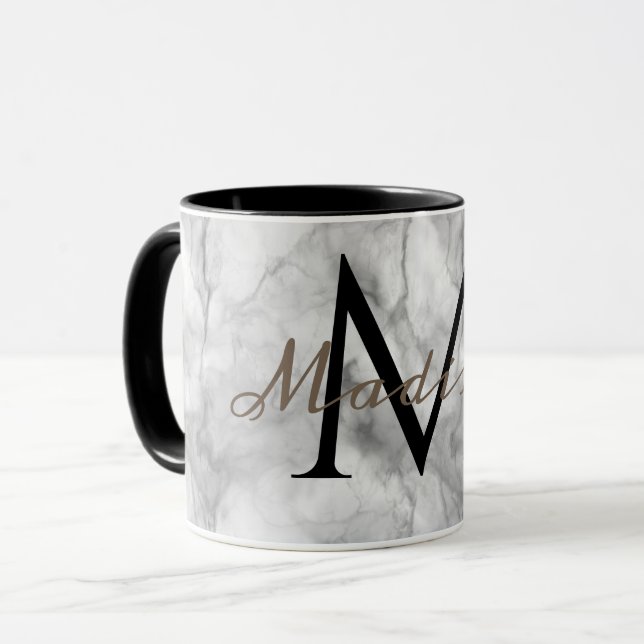Anpassad monogramnamn realistisk Vit Marmor Design Mugg (Framsida vänster)