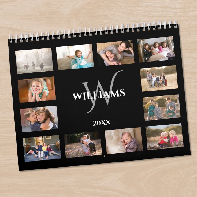 Anpassad monogramnamn svart foto kalender (Custom Monogram Name Black Photo Calendar in situ)