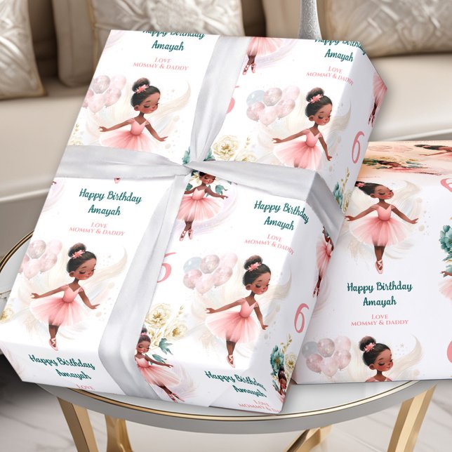 Anpassad Mörk för Ballerina Girl Birthday Skin Presentpapper (Ballerina Girl Birthday Dark Skin Custom Name Text Wrapping Paper)
