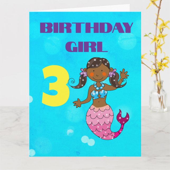 Anpassad mörk hud Sjöjungfru 3-års födelsedag flic Kort (Gul blomma)