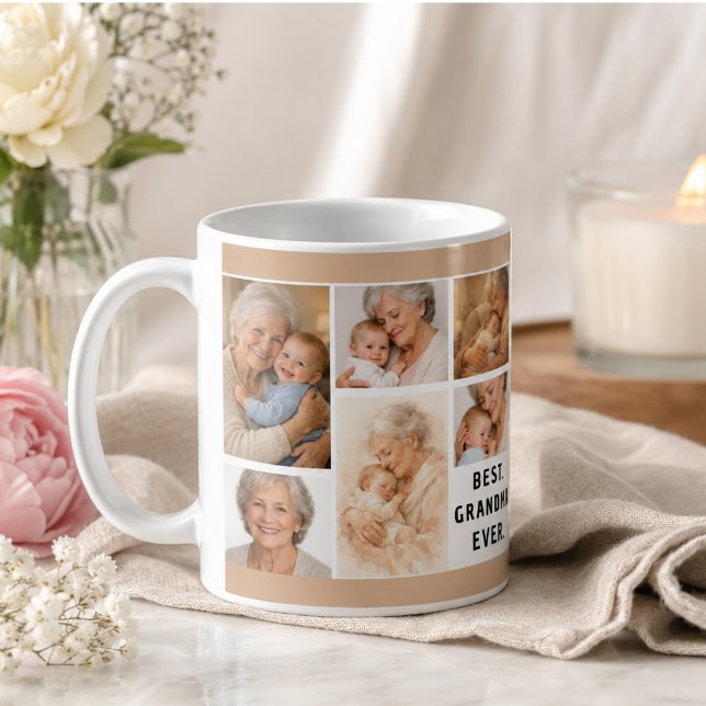 Anpassad mormors fotokollage | Mormors dag Kaffemugg (Custom Grandma Photo Collage | Grandparents Day Coffee Mug)