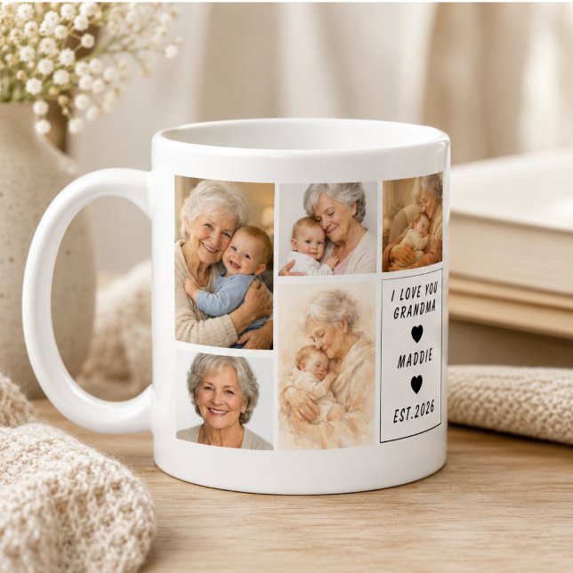 Anpassad mormors fotokollage | Mormors dag Kaffemugg (Custom Grandma Photo Collage | Grandparents Day Coffee Mug)