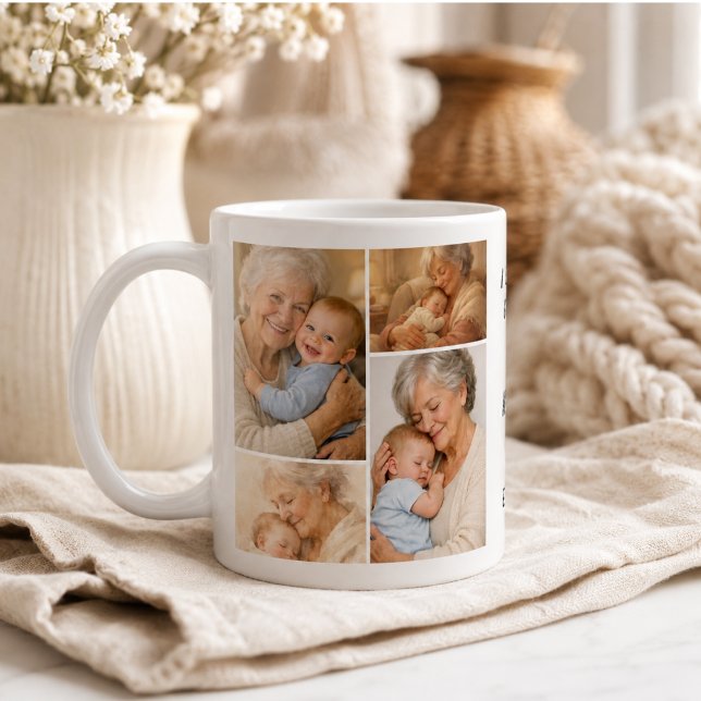 Anpassad mormors fotokollage | Mormors dag Kaffemugg (Custom Grandma Photo Collage | Grandparents Day Coffee Mug)