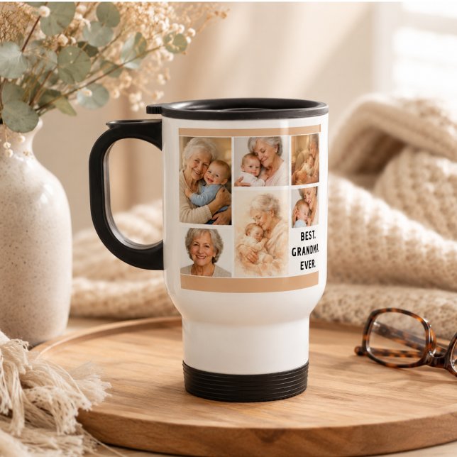 Anpassad mormors fotokollage | Mormors dag Resemugg (Custom Grandma Photo Collage | Grandparents Day Travel Mug)