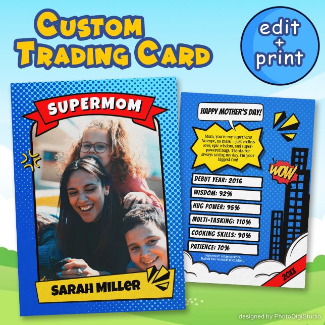Anpassad Mors Dagssamhällskort Rolig Supermamma Te (Custom Mothers Day Trading Card Fun Supermom Comic)