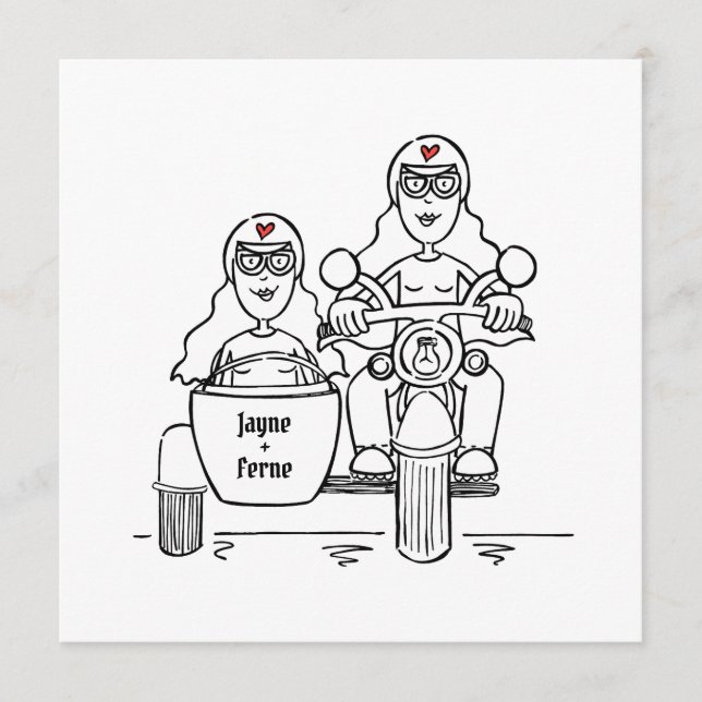 Anpassad motorcykel och sidovagn kväll för två bru inbjudningar (Framsida)