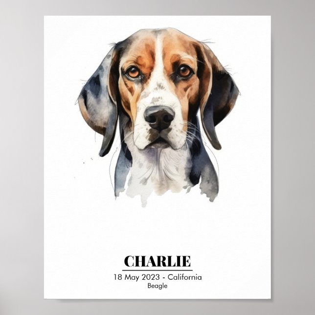 Anpassad Namn Beagle Aquarellporträtt Poster (Framsidan)